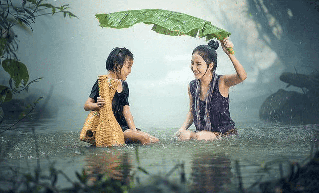 woman, kid, rain