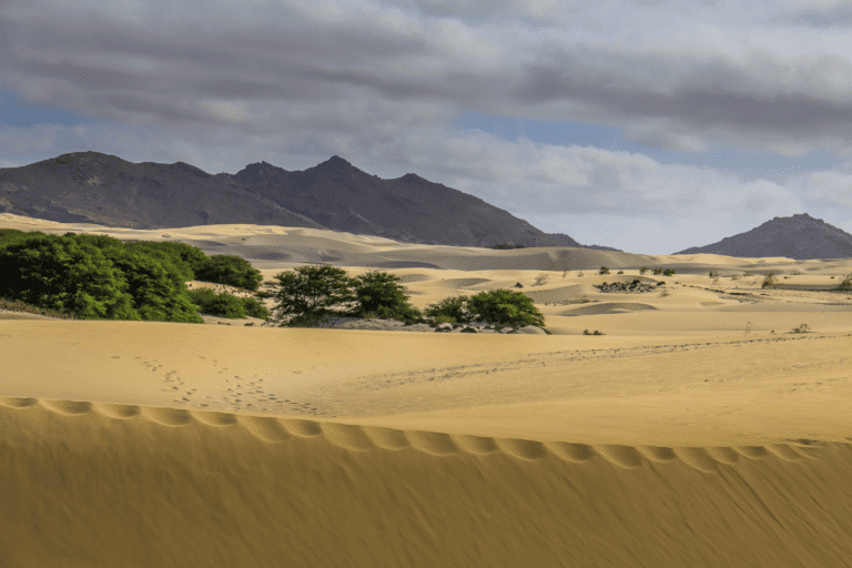 The dunes of Boa Vista with the extinct volcanoes in the background.