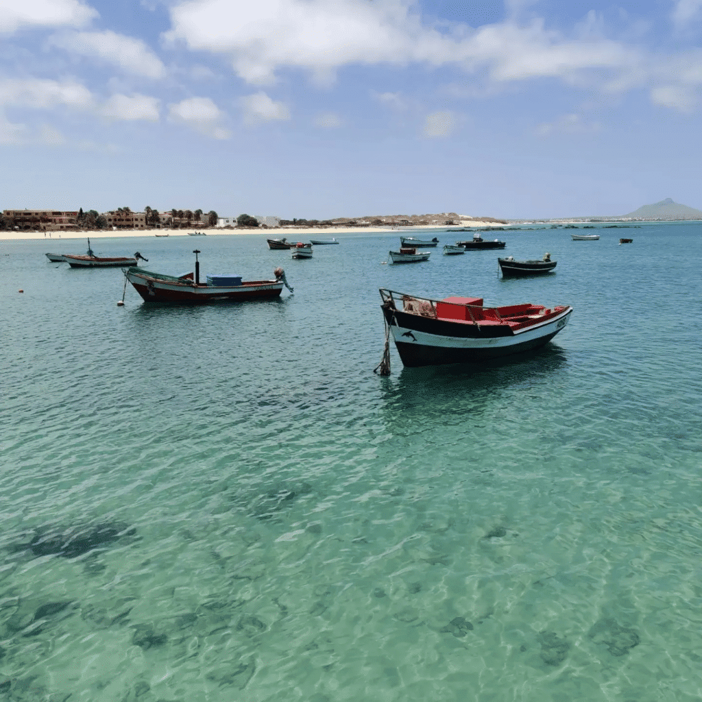 The boats are moored towards the Santa Maria beach.