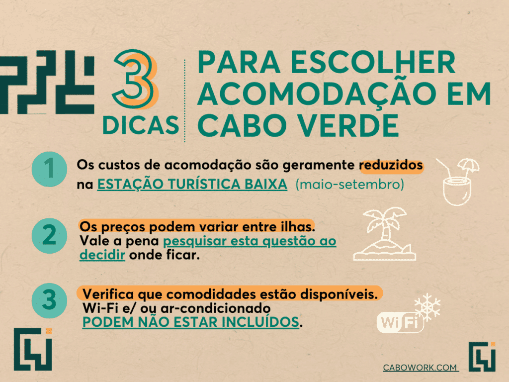 Imagem com 3 dicas para escolher acomodação em Cabo Verde.