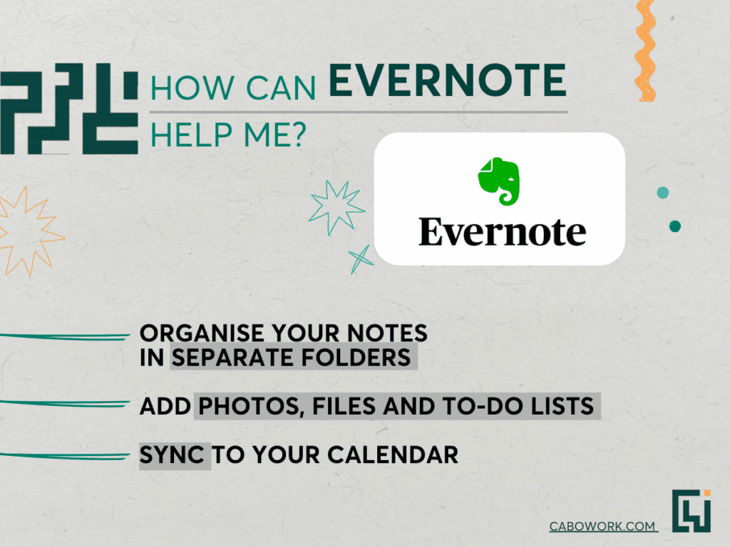 A grey image including the Evernote logo and summarising three benefits for using it.