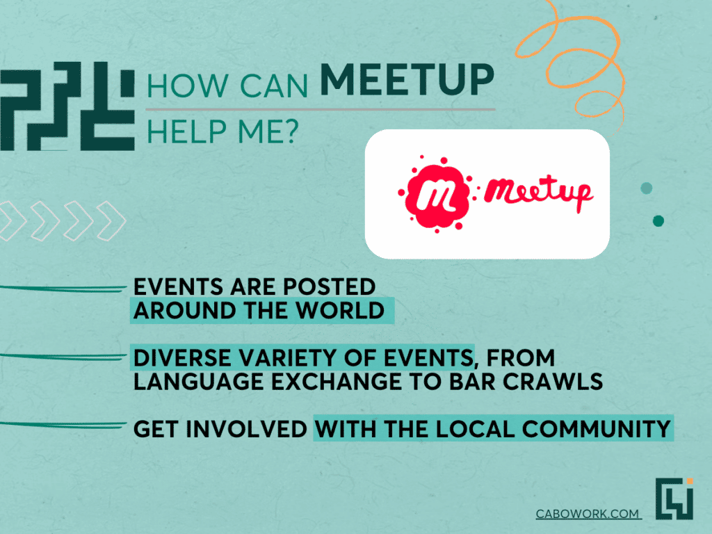 A blue image featuring the Meetup logo and three benefits of it.