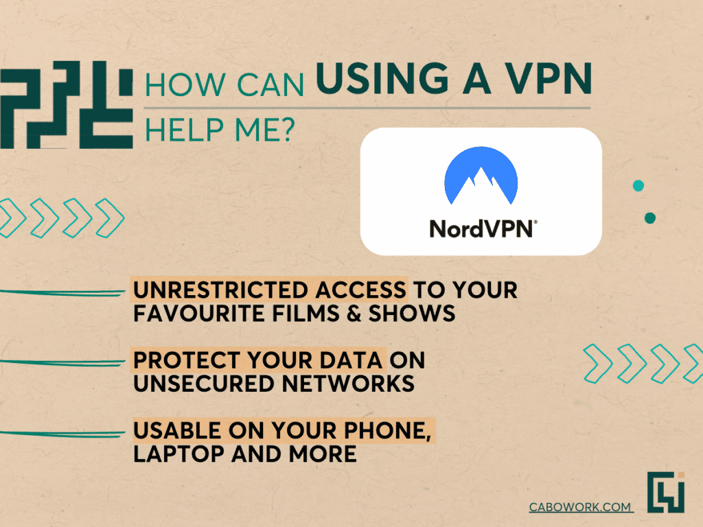 A yellow image featuring the NordVPN logo and three benefits for using a VPN.