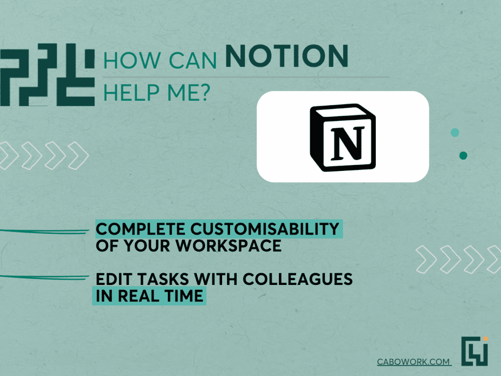 A blue image featuring the Notion logo and two benefits for using the service.