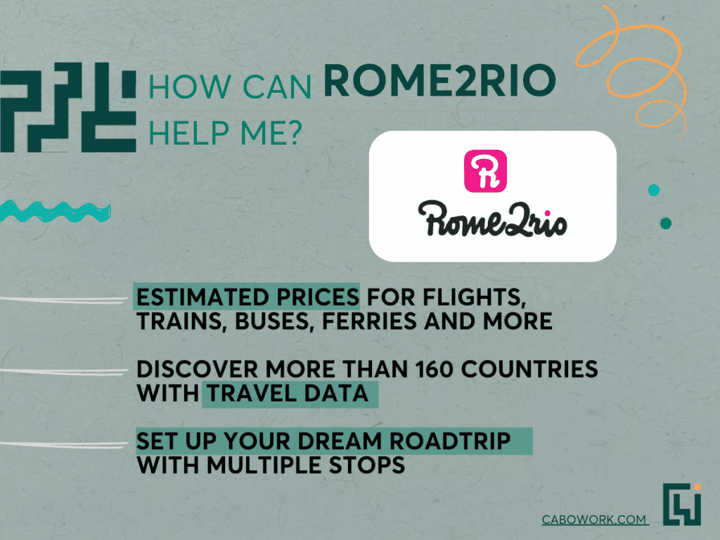 A grey image featuring the Rome2rio logo and three benefits for digital nomads.