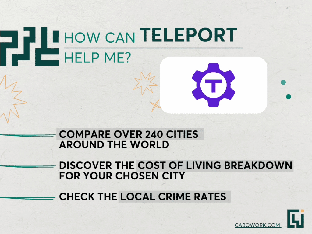 A grey image featuring the Teleport logo and three benefits of using the service.