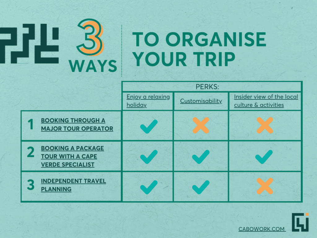 A grid with ticks and crosses - Title: Three ways to organise your trip