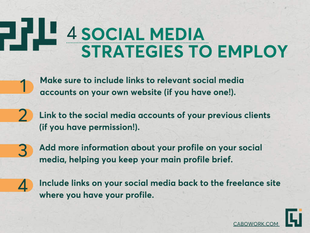 A grey infographic '4 social media strategies to employ' - tips for a better freelance profile