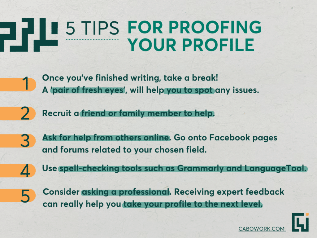 A grey infographic '5 tips for proofing your profile'.