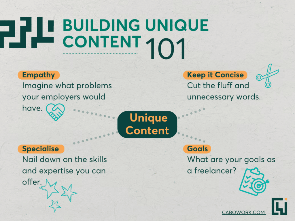 A grey and orange infographic 'Building unique content 101'.