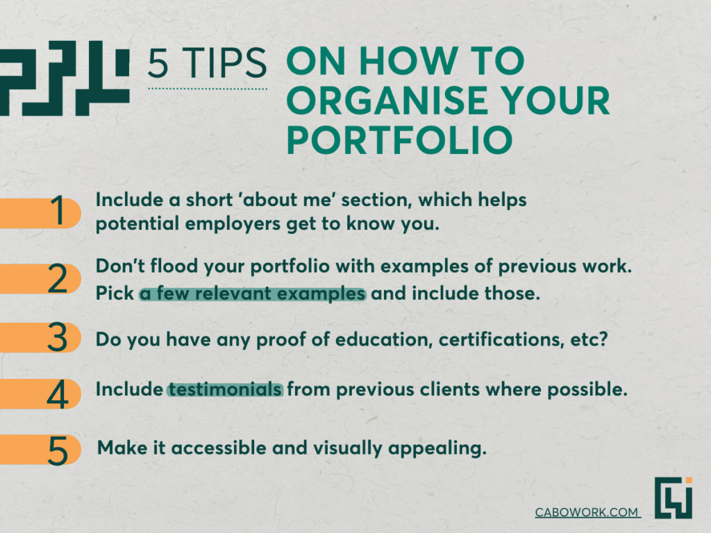 A grey infographic '5 tips on how to organise your portfolio . how to better your freelance profile